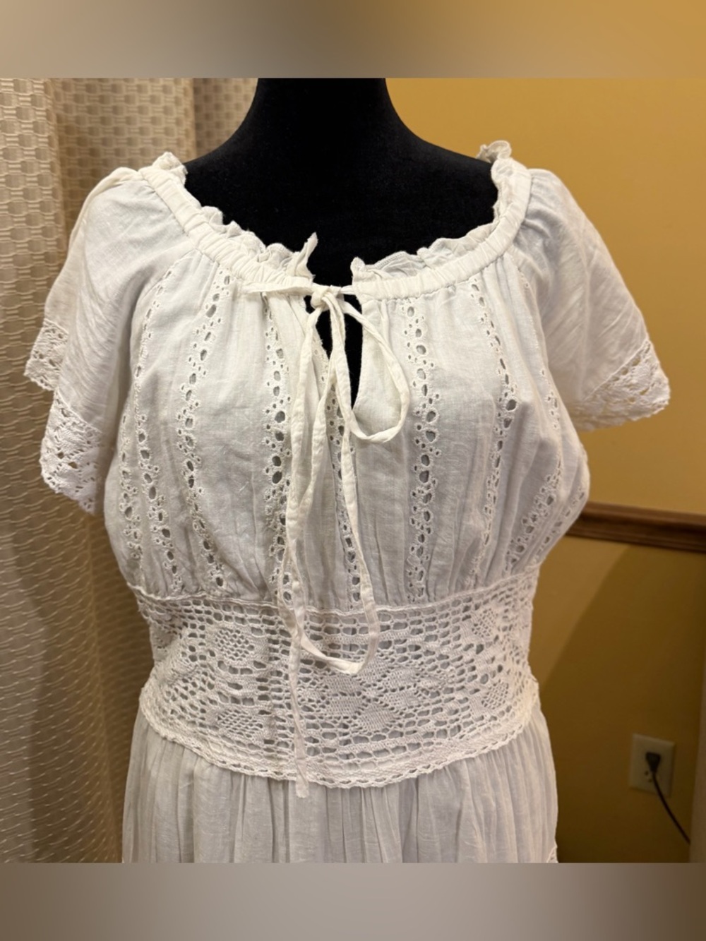 NAOO Nation AK Outfits Bohemian White Crochet Tie-Neck Maxi Dress 100% Cotton - Picture 2 of 7